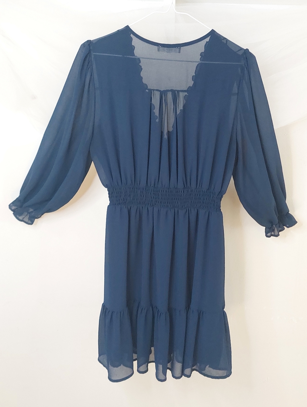 Ever B Navy Blue Chiffon Smocked Waist Mini Dress Boho Ruffle Sleeve Large
